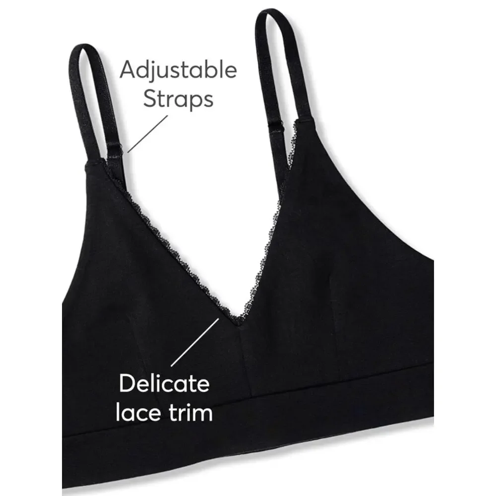NWT Pact Sz S Black Organic Cotton Pretty Plunge Lace Trim Wireless Bralette - Picture 5 of 9
